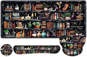 Forest Library Books Mouse Pad, XXL Large Desk Mat Extended Nature Aesthetic Deskpad, 4 PCS Non-Slip Rubber Base Computer Mouse Pads for Work, Game, Office, Home Decor Gift I Magic Plants Bottles