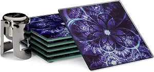 Coaster Set 6 Square Glass Coasters Purple Flower Design, Large Size 4x4, Suit Indoor Outdoor Kitchen Dining Bar, Non-Slip Silicon Feet Protects Furniture, Ideal for Wine Glass, Tea or Coffee Cups