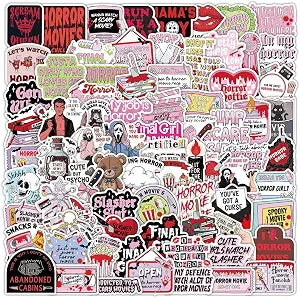 110PCS Funny Horror Stickers, Pink Halloween Sticker for Girl Boy, Scary Cute Vinyl Waterproof Horror Decals for Water Bottle Laptop Phone Skateboard Journal Luggage