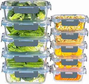 MFY 10-Pack Glass Storage Containers with Lids, Glass Meal Prep Containers Set, Airtight Lunch Containers with Lids, Microwave, Oven, Freezer and Dishwasher Safe, Gray