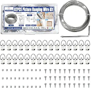 92PCS Picture Hanging Kit - 30 Feet Braided Hanging Wire, 30Pcs D Ring Picture Hangers with Screws and 30Pcs Aluminum Crimping Loop Sleeve for Canvas Paintings, Photo Frames