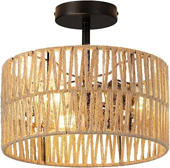 Boho Semi Flush Mount Ceiling Light Fixture Woven Rope Drum Lamp Natural Rattan Lighting for Bedroom Kitchen Hallway Entryway Closet Rustic Farmhouse Modern Bohemian Light Fixtures