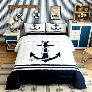Castle Fairy Nautical Anchor Comforter Set Twin Size,Ocean Themed Anchor Print Bedding Set for Kids Boys Men,Stripes Geometric Navy White Quilted Duvet Set with 1 Pillowcase
