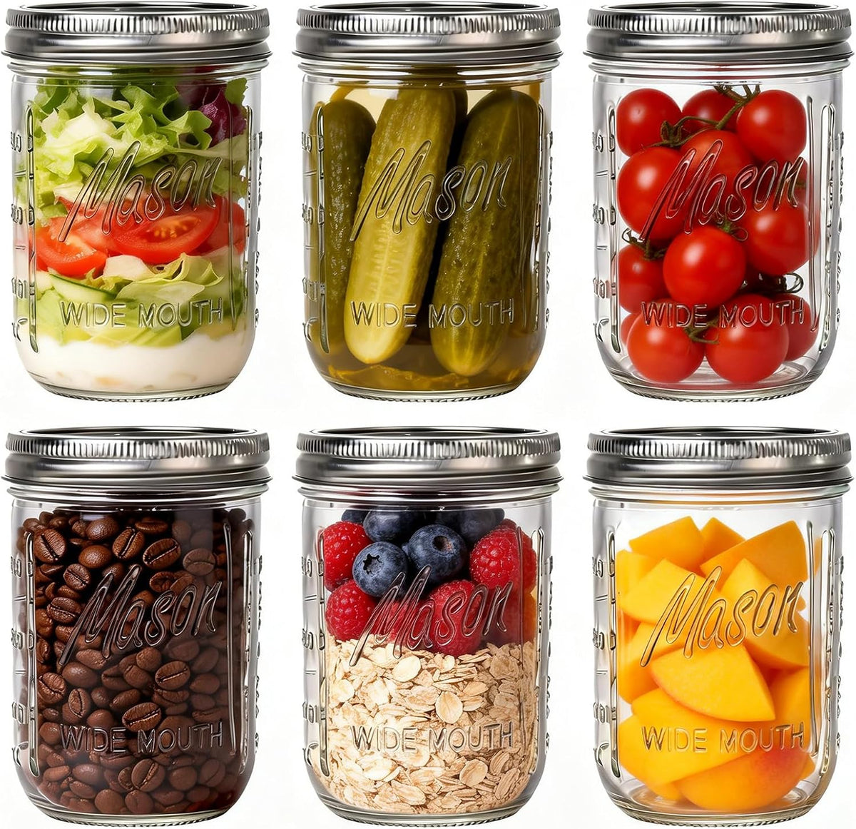 WELLIFE 6-Pack Mason Jars 16 oz with Lids - Wide Mouth Glass mason jars, Airtight Leak-Proof canning jars 16 oz for Food Storage, Fermenting, Pickling, Freezing, and Crafts