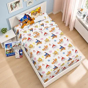 Nick Paw Patrol Sheet Set Puppies Ready - Bundle of Paw Patrol Bedding Including: Flat Sheet, Fitted Sheet, and Pillowcase for Twin Bed Plus Stickers, More for Kids