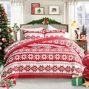 Flysheep Christmas Comforter Set 3 Pieces Queen Size 88x88 inches, Red and White Snowflake Reversible Design, Soft Microfiber Lightweight Bedding Sets for All Season