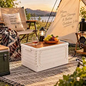 PureBox Foldable Storage Crate with Wooden Lid, Collapsible Plastic Storage Bin, Large Capacity Stackable Storage Furniture, Space Saving Organizer Box for Home, Closet, Garage, RV, Camping & Office
