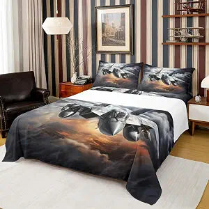 Aircraft Bed Sheet Set Full,Military 3D Airplane Bedding Set 4Pcs for Kids Boys Teens Room Decor,Vintage Grey Airplane Print Bed Sheet,Flying Plane Themed Toddler Child Deep Pocket Sheet,2 Pillowcases