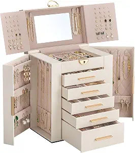 Lolalet Large Jewelry Box, 6-Layer Jewelry Organizer with 5 Drawers -Beige