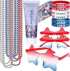 Go Ho 4th of July Outfits and Accessories for Women Kids,Red White and Blue Body Glitter Gel,9 PC Necklaces,3 Pairs Star Sunglasses and 6 PC Rubber Bracelets Wristbands Set for USA Patriotic Makeup