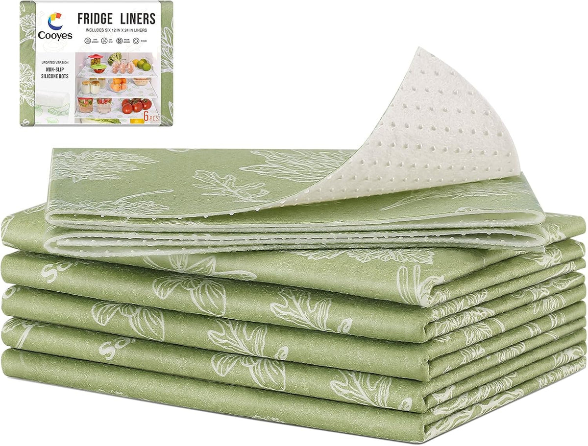 Cooyes Shelf Liner for Refrigerator & Drawer, Non-Adhesive Cabinets Liner for Kitchen Cupboard & Fridge, Breathable Cloth Material, Vegetable-Patterned, 6 Pack 12  24'', Sage Green