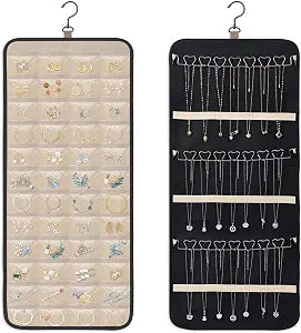 Dynoro Double-Sided Hanging Jewelry Organizer, Large Black Storage Roll for Earrings, Necklaces, Rings, 48 Pockets 21 Hooks, Durable Oxford Fabric for Closet, Wall, Door, 1 piece, Jewelry Not Included