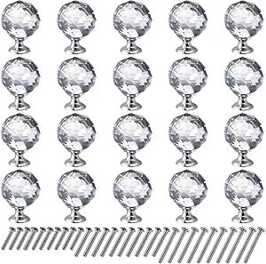Hedume 20 Pack Crystal Glass Cabinet Knobs, 30mm Ball Shape Pulls Handles, Drawer Knobs Pulls with Screws, Dresser Pulls Cupboard Knob Cabinet for Kitchen, Bathroom, Office