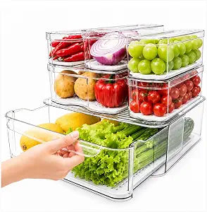SMRCAD Clear Fridge Bins with Drain Trays - BPA-Free PET, Stackable(6 Pack)