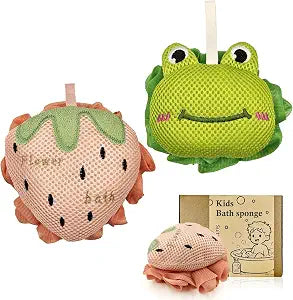 Kids Bath Sponge,Cute Kids Loofah Frog&Strawberry Shower Pouf,Soft Mesh Bath Loofah Fun Bath Accessories for Boys and Girls