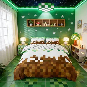 Manfei Pixelated Duvet Cover Set Full Size,Geometric Patchwork Grid Bedding Set 3pcs for Bedroom Decor,Games Miners Kids Bedding,Brown Green Quilt Cover with 2 Pillowcases,Not Comforter