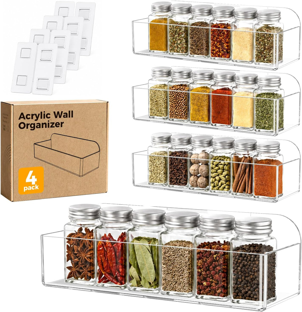 Adhesive Spice Rack Wall Mount, 4pcs Acrylic Shelves Seasoning Organizer