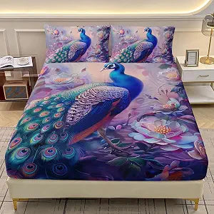 AILONEN Beautiful Peacock Fitted Sheet Set,Purple Bird Peacock Bedding Set for Kids,Women Queen Size,Luxurious Bird Floral Bed Sheet Set for All Season,1 Fitted Sheet + 2 Pillowcase,3-Piece