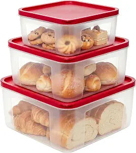 Plastic Food Storage Containers with Lids Airtight - Large Meal Prep Containers Reusable for Freezer - Bread Box for Cookies, Sandwich, Cake & Muffin, Leak-Proof & Stackable, Square, 3 Pcs