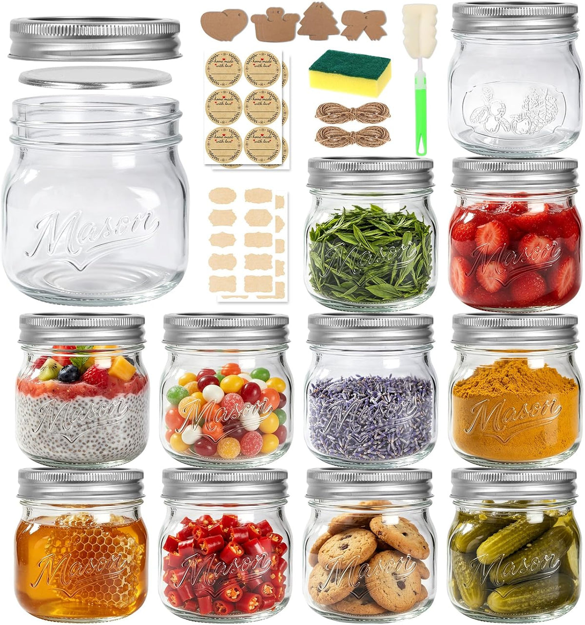 16 oz 12 Pack Wide Mouth Mason Jars with Lids and Embossed Fruit Pattern