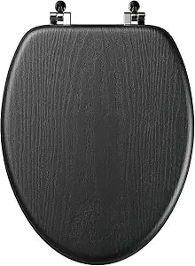 Black Elongated Wood Toilet Seat Support 400 lbs, Heavy Duty Toilet Seat with Wood Veneer for Home Bathroom, Wooden Toilet Lid with Chrome Hinges, Grip-Tight Bumpers, Easy Clean, Easy Install