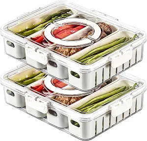 2Pack Divided Snackle Box with Lids Stackable Food Serving Tray for Fruit&Veggie Plastic Fridge Storage Container for Pantry Freezer Clear Snack Box for Meal Prep Candy Nuts Spice