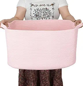 XUANGUO Large Rectangle Woven Cotton Rope Blanket Basket 22"x17"x12" Pink