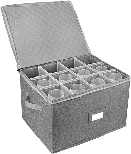 LotFancy Stemware Storage Container, Hard Shell, Stackable Wine Glass Storage Box with Dividers & Handles, Crystal Glassware, Champagne Flute, Drinkware Case for Moving, Grey