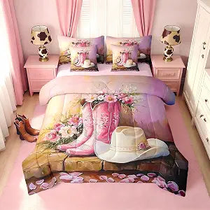 Erosebridal Western Cowgirl Full Bedding Set 7 Piece for Girls Kids,Pink Cowgirl Boot Hat Comforter Set with Sheets,Boho Floral Wildflower Bed in a Bag,Retro Rustic Country Fitted Flat Sheet