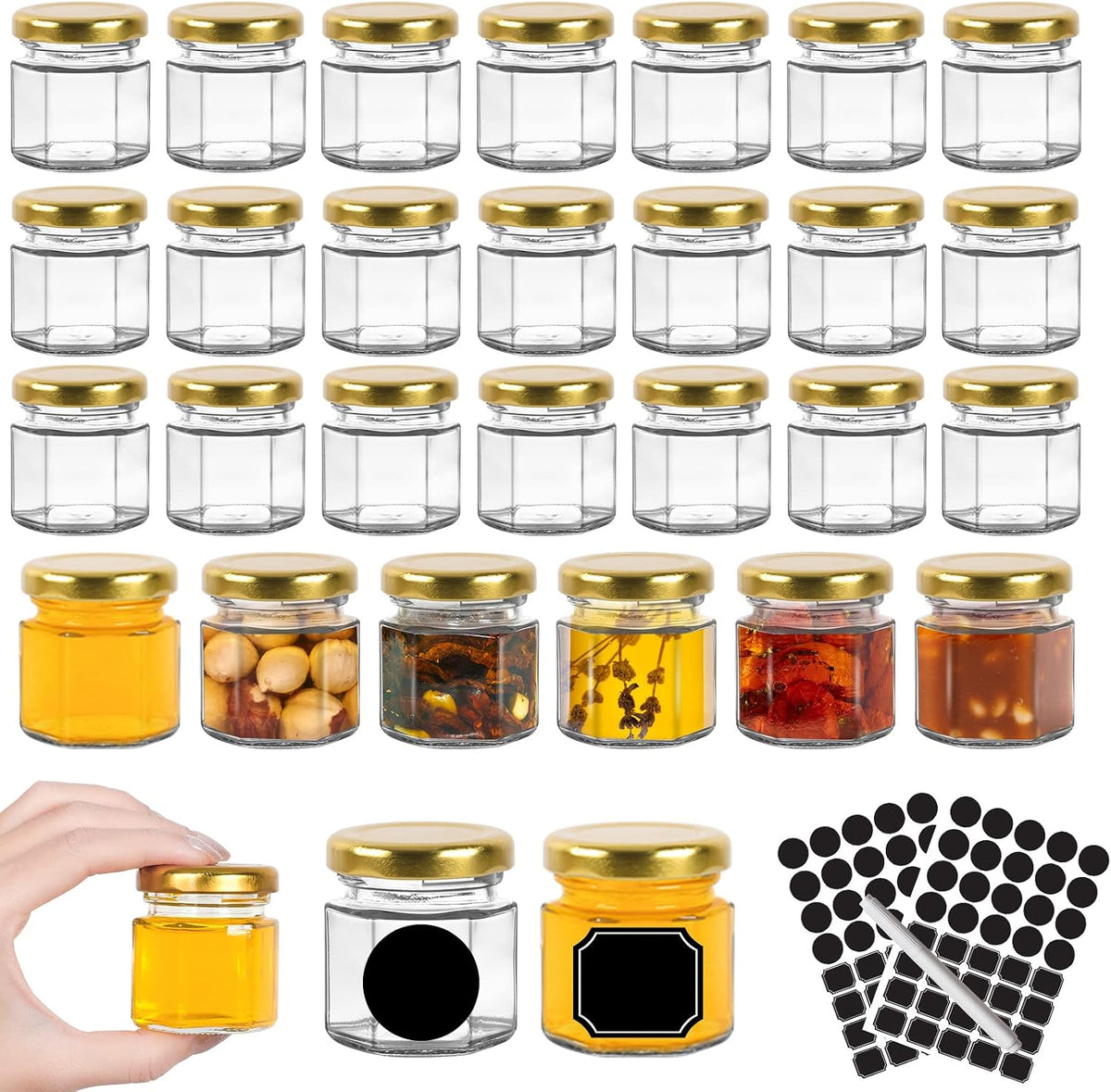 1.5 oz Honey Jars,30 Pack Hexagonal Glass Jars with Gold Lids