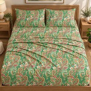 HYPREST Green Ornamental Paisley Sheets Queen Boho Patterned Deep Pocket