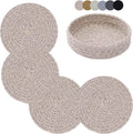 Coga Trivets for Hot Dishes, 4 Pack 7 Inch Cotton Hot Pads for Kitchen with Storage Basket, Round Pot Holders for Kitchen, Heat Resistant Mats for Countertop, Pots and Pans, Farmhouse Decor, Brown