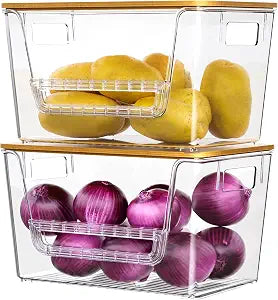 2 Pack Pantry Organizers,Clear Onion Storage Bins with Bamboo Lids