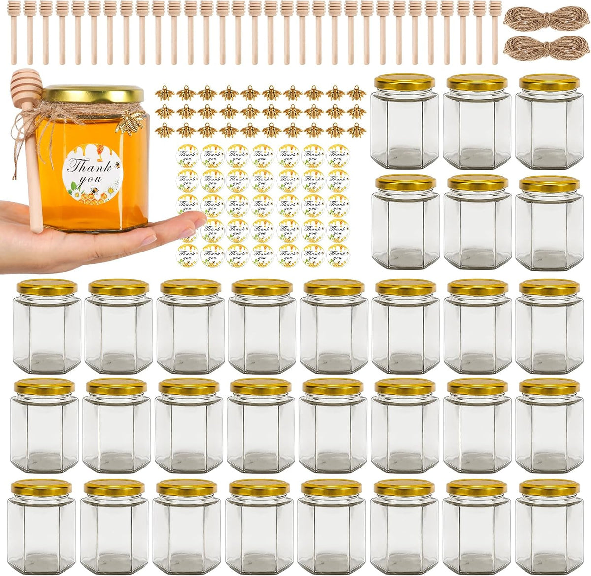6 oz 30 Pack Hexagon Glass Honey Jars with Wood Dippers & Gold Lids