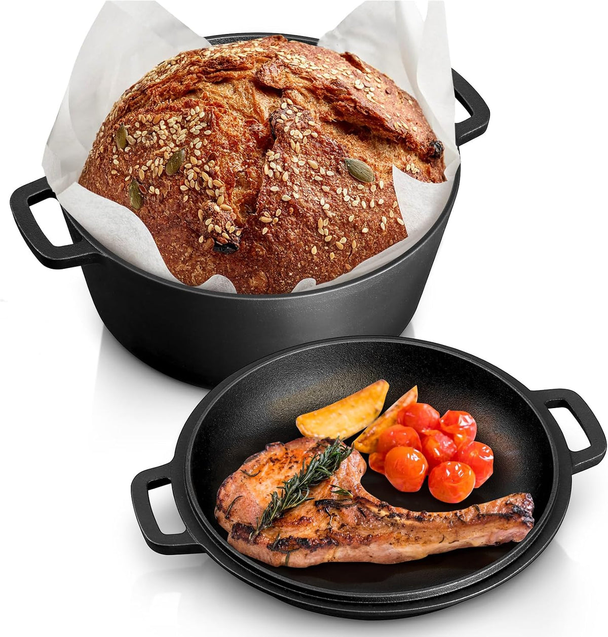 TeamFar 5qt Dutch Oven, Pre-seasoned Cast Iron for Bread Baking, Black