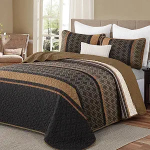 Dinjoy Boho Queen Quilt Set, Striped Fall Soft Bedspreads, Brown