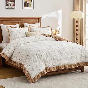 Floral Queen Size Comforter Set - 100% Cotton Luxury Fluffy Bedding Sets, Farmhouse Flower Comforter, 3 Pieces Reversible Lightweight Soft Quilted Bed Set with Ruffled Edge, Brown/White