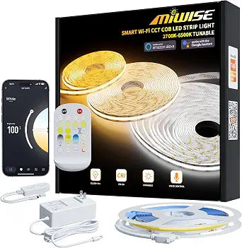 MIWISE CCT COB LED Strip Light Tunable White,20ft/6.1m Dimmable 2700K-6500K CRI90+ 24V LED Tape Light Kit,Compatible with Alexa/Google Assistant/Tuya,for Under Cabinet Bedroom Kitchen DIY Lighting