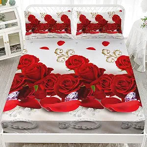 AILONEN Rose Fitted Sheet Set - Full Size, 3D Rose & Floral Red Sheet Set - 3 Pieces (1 Fitted Sheet & 2 Pillowcases)