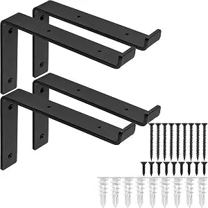Heavy-Duty Shelf Brackets - Premium Construction Grade 1/4" (6mm) Thick Steel - Matte Black Iron Finish for Modern Farmhouse Rustic Open Shelving w/ Hardware, 4-Pack - (L Bracket w/ Lip, 9.25" x 6")