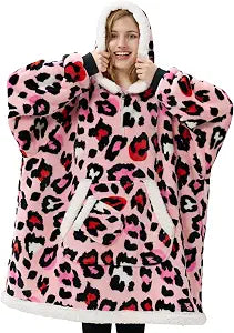 Giggling Getup Wearable Blanket Hoodie for Adults Gifts for Teen Girls Sister Women Sherpa Fleece Printed Hooded Blanket Sweatshirt Warm Cozy with Pocket & Sleeves Pink Leopard
