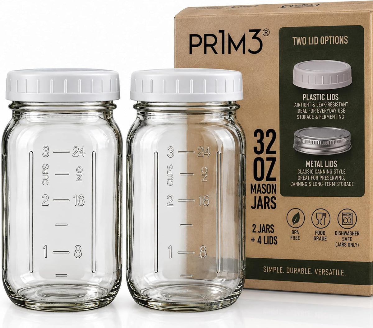 PR1M3 Wide Mouth Mason Jars 32 oz, 2 Pack with Plastic & Metal Lids
