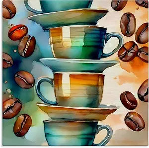 Coffee Beans and Mugs Kitchen, 24 x 24 Inch Canvas Wall Art