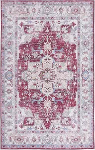 SAFAVIEH Washable Rug Tucson Collection - 3' x 5', Burgundy & Beige, Slip Resistant & Easy to Clean, Ideal for Foyer, Entryway, Kitchen, Bedroom (TSN106S)