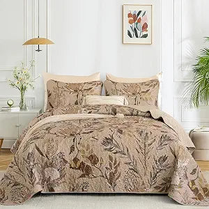 Dintszyayue Fall Quilt Queen Size Brown, 3 Pcs Floral Bedspread Bedding Set