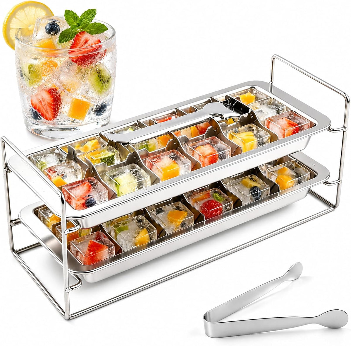 Stainless Steel Ice Cube Tray 2 Pack, Metal Ice Cube Tray with Lever, Ice Cube Tray Mold for Freezer, Whiskey, Cocktail, Comes with a Stand & Tweezers, Vintage & Retro, Easily Releases 36 Ice Cubes
