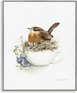 Bird Nest Teacup Floral Bird, 16 x 20 Inch Framed Gicle Print