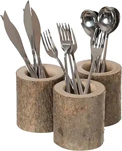 Vintiquewise Set of 3 Rustic Wooden Utensil Holders, Handcrafted Wood Kitchen Organizer for Flatware, Spatula, Cooking Utensils, Countertop Crock