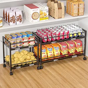 1 Pack 2-Tier Expandable Pantry Floor Organizer Cart, Rolling Pantry Storage Cart with Wheel, Adjustable Can Organizer for Kitchen Pantry, Pantry Shelves and Storage Rack for Snacks, Vegetables, Black