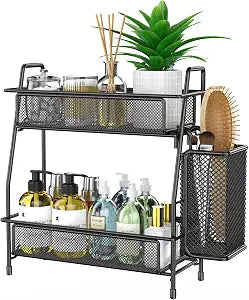 Bathroom Organizer with Basket, 2-Tier Bathroom Tray for Countertop Storage Shelf, Bathroom Counter Organizer, Vanity Organizer and Storage Kitchen Counter Organizers Spice Rack